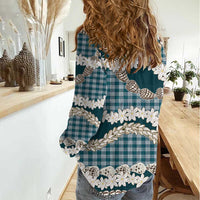 Dark Cyan Hawaii Tiare and Shell Lei Women Casual Shirt Hawaiian Palaka Luxury Vibes - Polynesian Pride