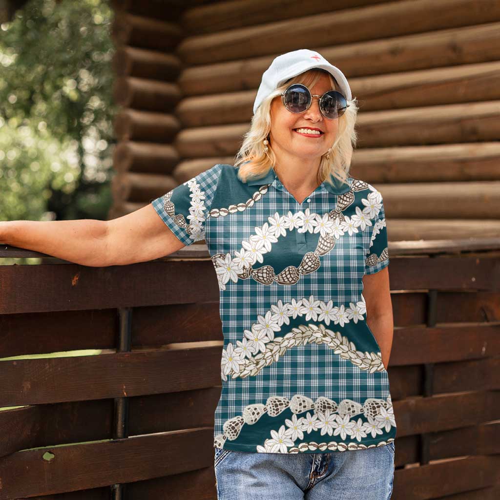 Dark Cyan Hawaii Tiare and Shell Lei Women Polo Shirt Hawaiian Palaka Luxury Vibes - Polynesian Pride