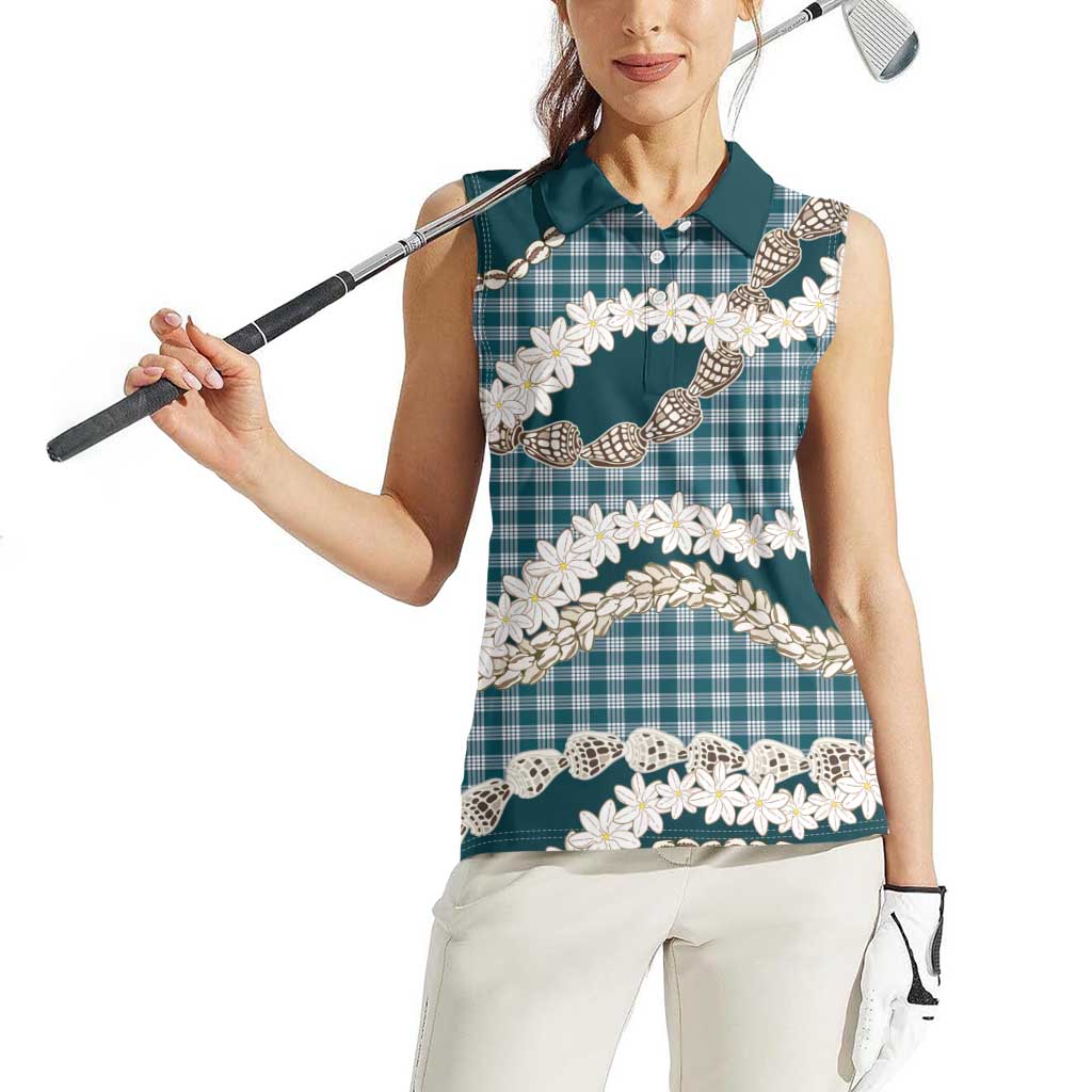 Dark Cyan Hawaii Tiare and Shell Lei Women Sleeveless Polo Shirt Hawaiian Palaka Luxury Vibes - Polynesian Pride