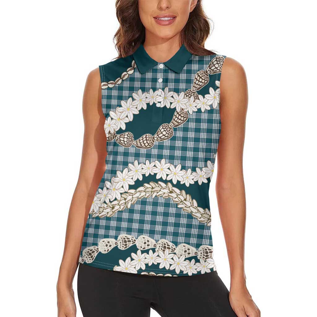 Dark Cyan Hawaii Tiare and Shell Lei Women Sleeveless Polo Shirt Hawaiian Palaka Luxury Vibes - Polynesian Pride