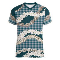 Dark Cyan Hawaii Tiare and Shell Lei Women V-Neck T-Shirt Hawaiian Palaka Luxury Vibes - Polynesian Pride