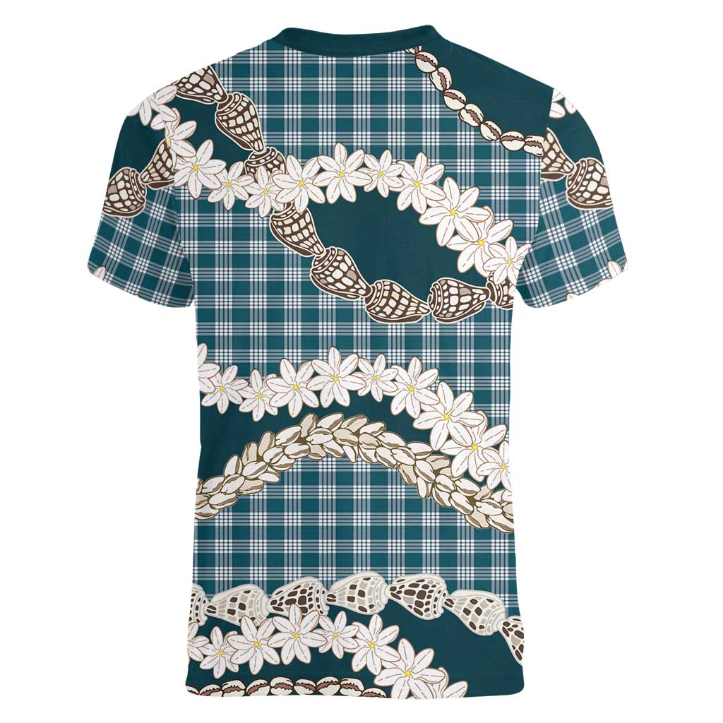 Dark Cyan Hawaii Tiare and Shell Lei Women V-Neck T-Shirt Hawaiian Palaka Luxury Vibes - Polynesian Pride