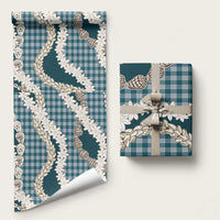 Dark Cyan Hawaii Tiare and Shell Lei Wrapping Paper Hawaiian Palaka Luxury Vibes LT14 58" × 23" Dark Cyan - Polynesian Pride