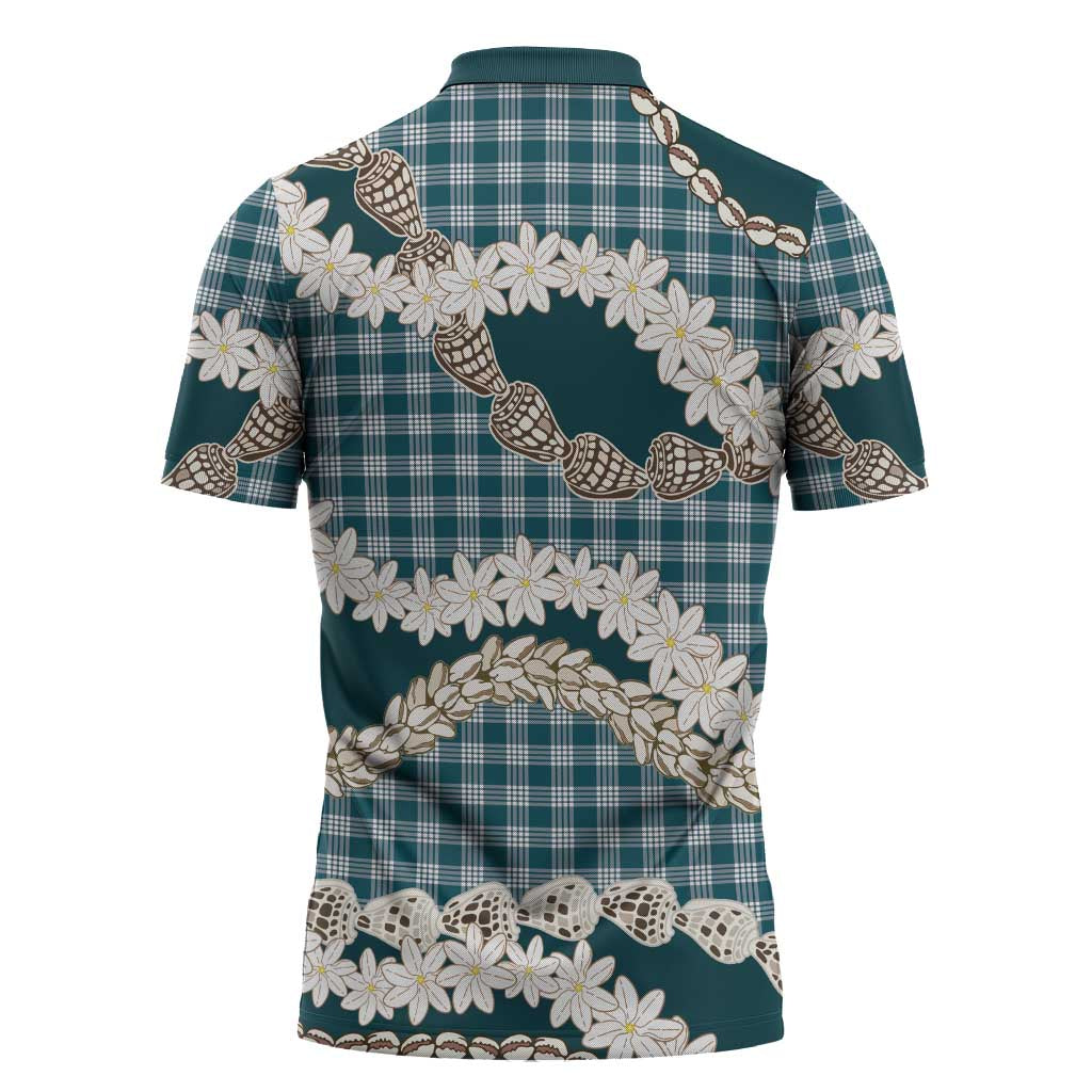 Dark Cyan Hawaii Tiare and Shell Lei Zipper Polo Shirt Hawaiian Palaka Luxury Vibes - Polynesian Pride