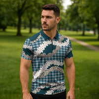 Dark Cyan Hawaii Tiare and Shell Lei Zipper Polo Shirt Hawaiian Palaka Luxury Vibes - Polynesian Pride
