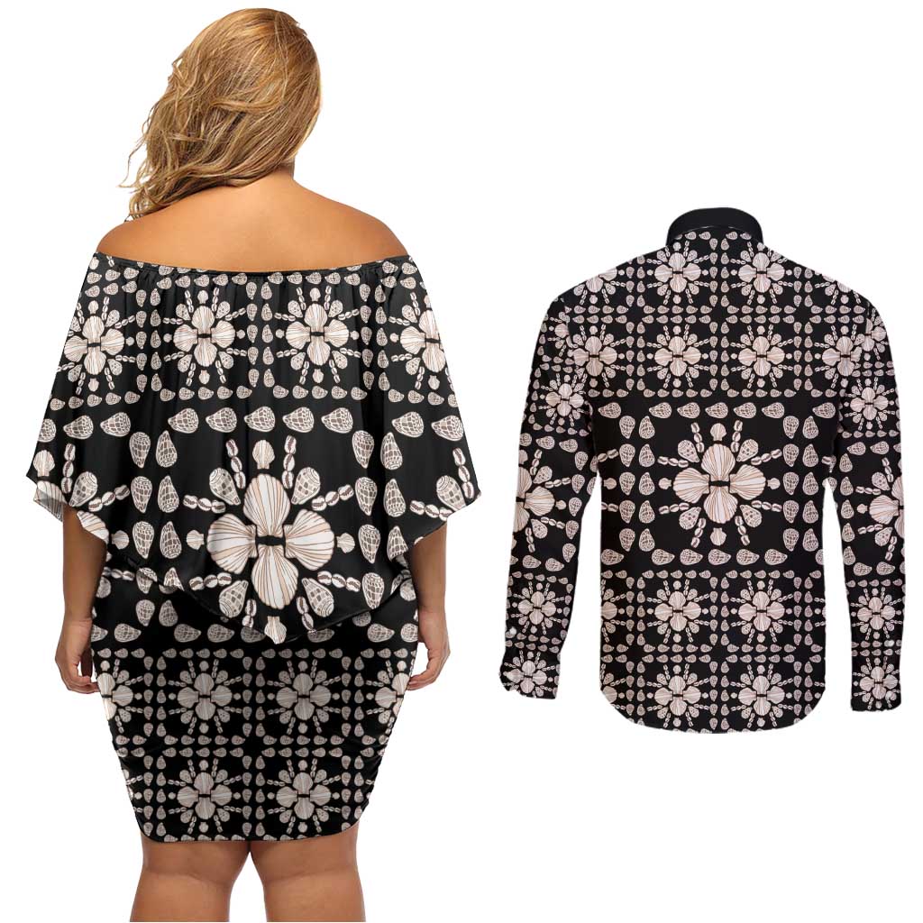 Aloha Hawaii Shell Quilt Couples Matching Off Shoulder Short Dress and Long Sleeve Button Shirt Seamless Style - Polynesian Pride
