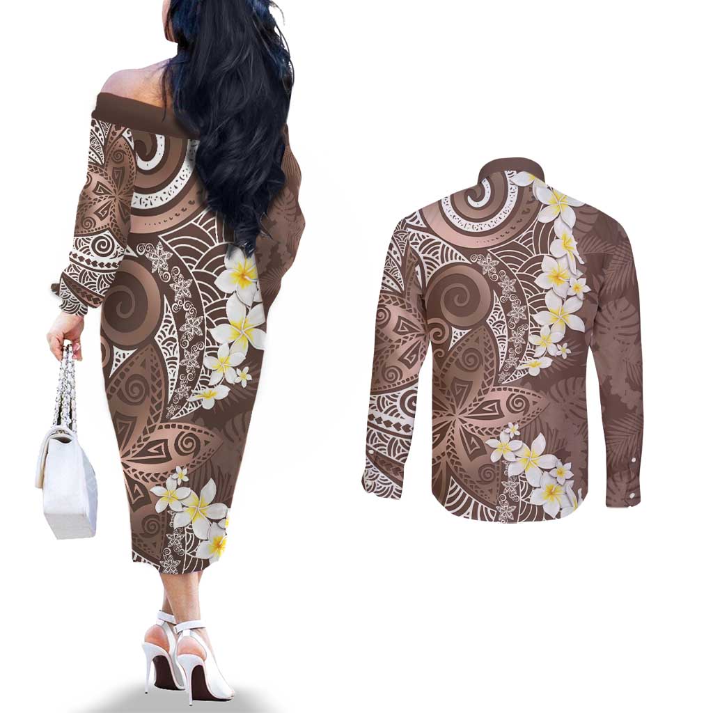 Mocha Mousse Polynesian Tribal Frangipani Tropical Vibe Couples Matching Off The Shoulder Long Sleeve Dress and Long Sleeve Button Shirt