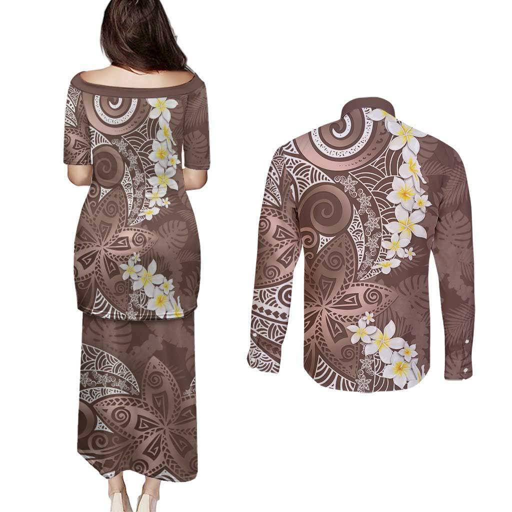 Mocha Mousse Polynesian Tribal Frangipani Tropical Vibe Couples Matching Puletasi and Long Sleeve Button Shirt LT14 - Polynesian Pride