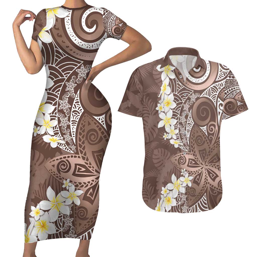 Mocha Mousse Polynesian Tribal Frangipani Tropical Vibe Couples Matching Short Sleeve Bodycon Dress and Hawaiian Shirt LT14 Mocha Mousse - Polynesian Pride