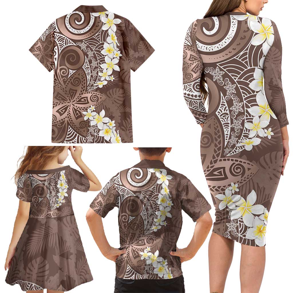 Mocha Mousse Polynesian Tribal Frangipani Tropical Vibe Family Matching Long Sleeve Bodycon Dress and Hawaiian Shirt