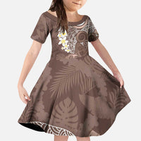 Mocha Mousse Polynesian Tribal Frangipani Tropical Vibe Family Matching Off The Shoulder Long Sleeve Dress and Hawaiian Shirt