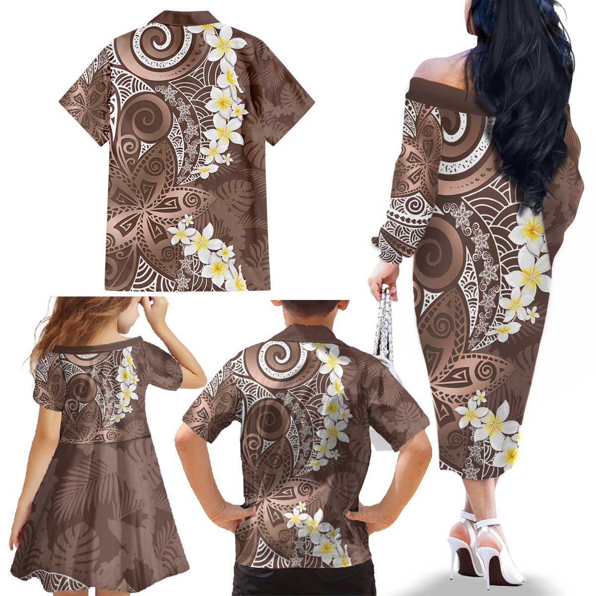 Mocha Mousse Polynesian Tribal Frangipani Tropical Vibe Family Matching Off The Shoulder Long Sleeve Dress and Hawaiian Shirt
