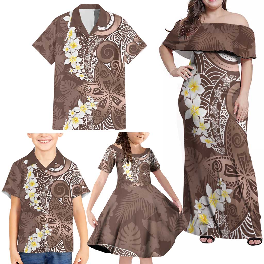 Mocha Mousse Polynesian Tribal Frangipani Tropical Vibe Family Matching Off Shoulder Maxi Dress and Hawaiian Shirt