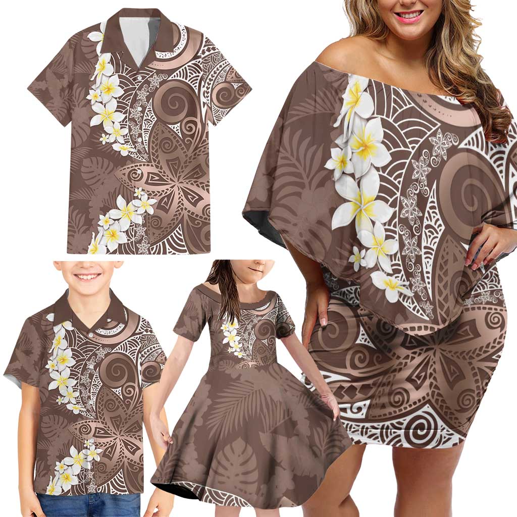 Mocha Mousse Polynesian Tribal Frangipani Tropical Vibe Family Matching Off Shoulder Short Dress and Hawaiian Shirt