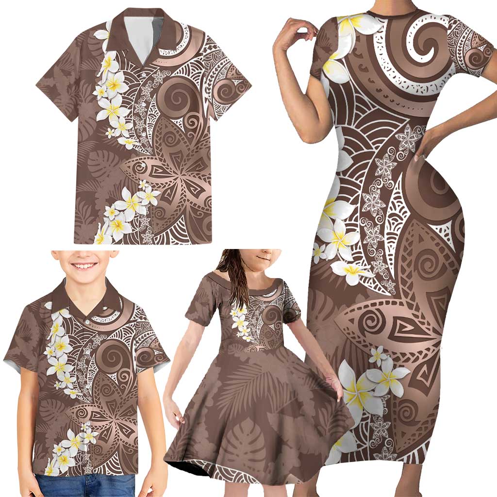 Mocha Mousse Polynesian Tribal Frangipani Tropical Vibe Family Matching Short Sleeve Bodycon Dress and Hawaiian Shirt