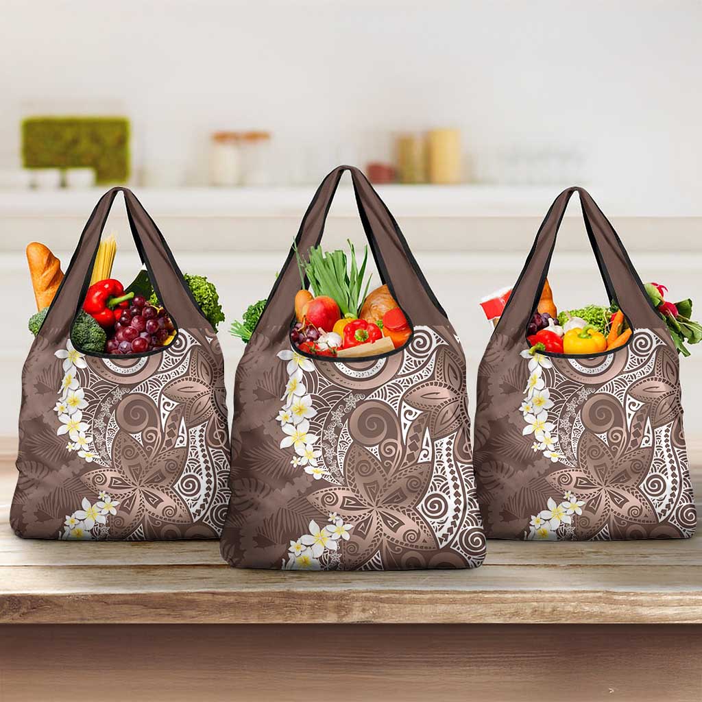 Mocha Mousse Polynesian Tribal Frangipani Tropical Vibe Grocery Bag LT14 3-pack One Size Mocha Mousse - Polynesian Pride