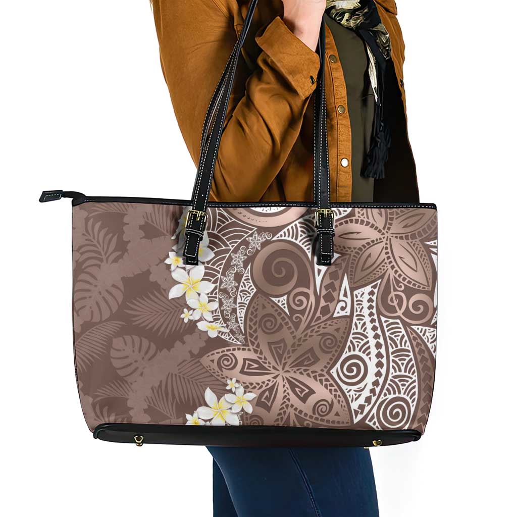 Mocha Mousse Polynesian Tribal Frangipani Tropical Vibe Leather Tote Bag LT14 - Polynesian Pride