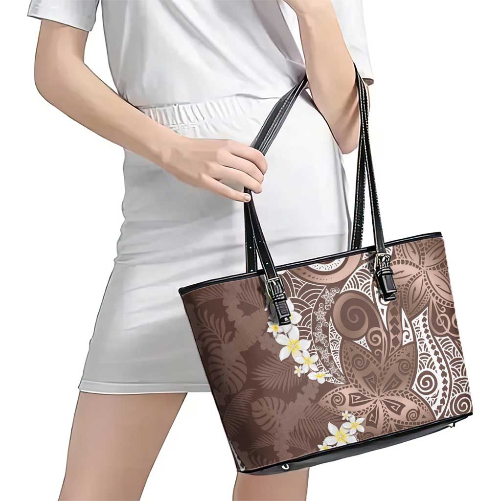 Mocha Mousse Polynesian Tribal Frangipani Tropical Vibe Leather Tote Bag LT14 - Polynesian Pride