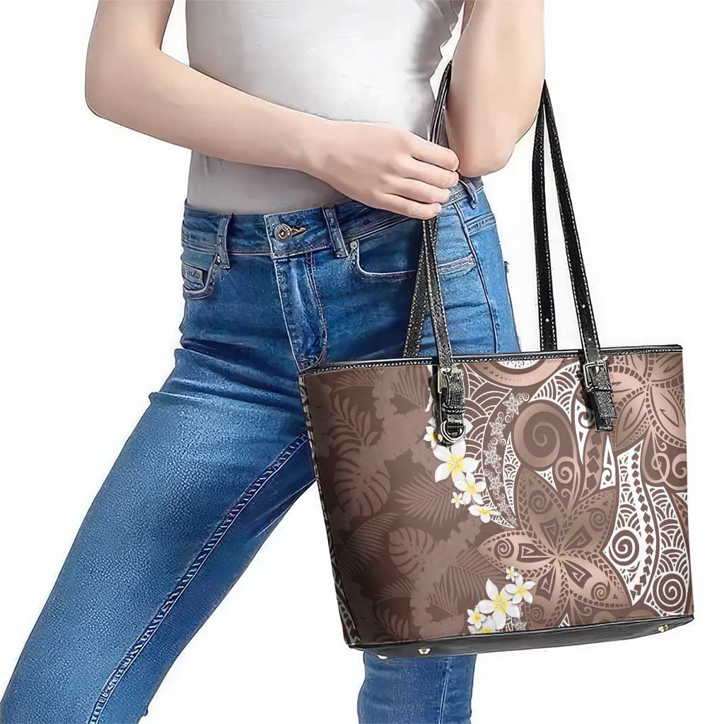 Mocha Mousse Polynesian Tribal Frangipani Tropical Vibe Leather Tote Bag LT14 - Polynesian Pride