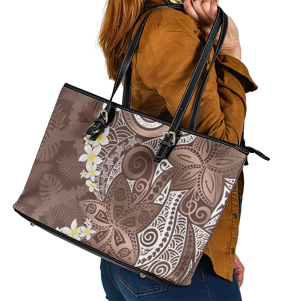 Mocha Mousse Polynesian Tribal Frangipani Tropical Vibe Leather Tote Bag LT14 - Polynesian Pride
