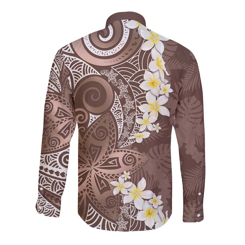 Mocha Mousse Polynesian Tribal Frangipani Tropical Vibe Long Sleeve Button Shirt LT14 - Polynesian Pride