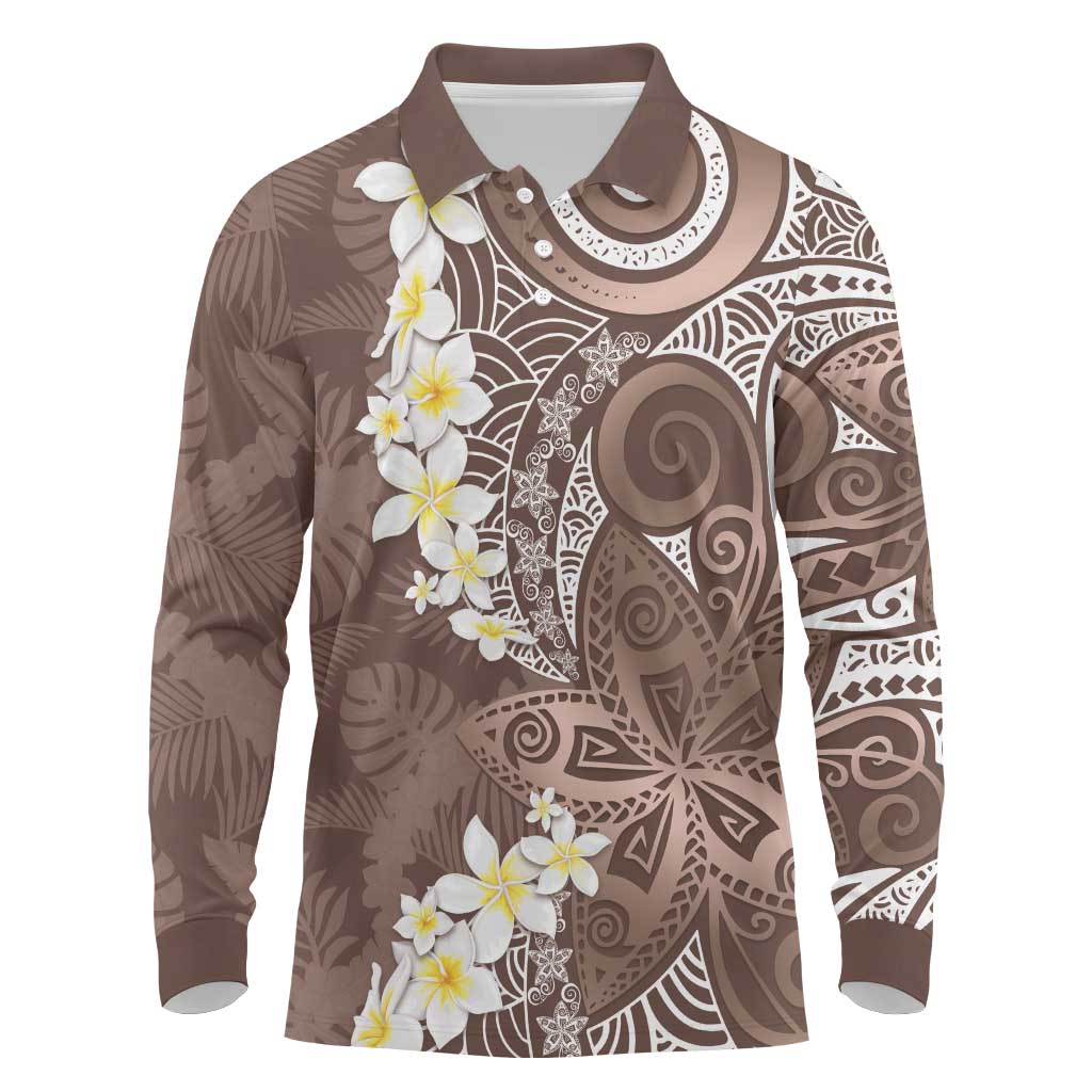 Mocha Mousse Polynesian Tribal Frangipani Tropical Vibe Long Sleeve Polo Shirt