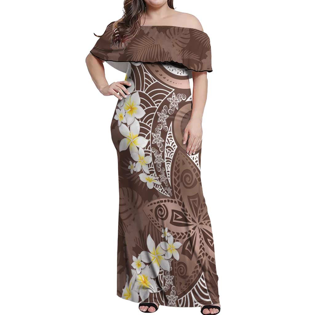 Mocha Mousse Polynesian Tribal Frangipani Tropical Vibe Off Shoulder Maxi Dress LT14 Women Mocha Mousse - Polynesian Pride