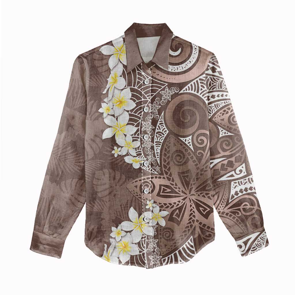 Mocha Mousse Polynesian Tribal Frangipani Tropical Vibe Women Casual Shirt
