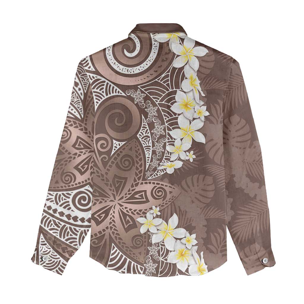 Mocha Mousse Polynesian Tribal Frangipani Tropical Vibe Women Casual Shirt
