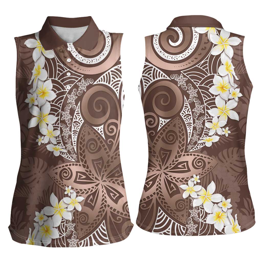 Mocha Mousse Polynesian Tribal Frangipani Tropical Vibe Women Sleeveless Polo Shirt