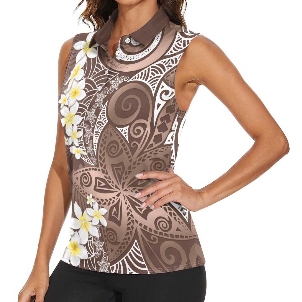 Mocha Mousse Polynesian Tribal Frangipani Tropical Vibe Women Sleeveless Polo Shirt
