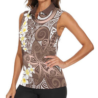 Mocha Mousse Polynesian Tribal Frangipani Tropical Vibe Women Sleeveless Polo Shirt