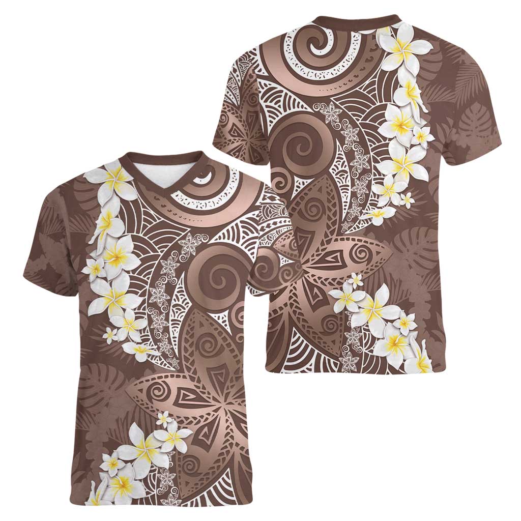 Mocha Mousse Polynesian Tribal Frangipani Tropical Vibe Women V-Neck T-Shirt LT14 - Polynesian Pride