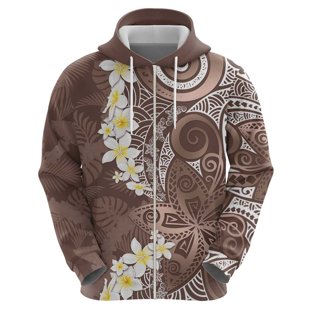 Mocha Mousse Polynesian Tribal Frangipani Tropical Vibe Zip Hoodie