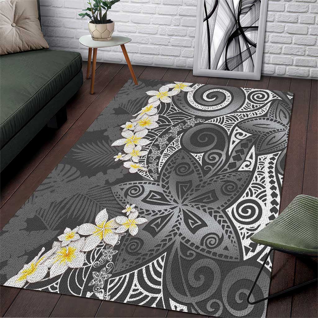 Gray Polynesian Tribal Frangipani Tropical Vibe Area Rug