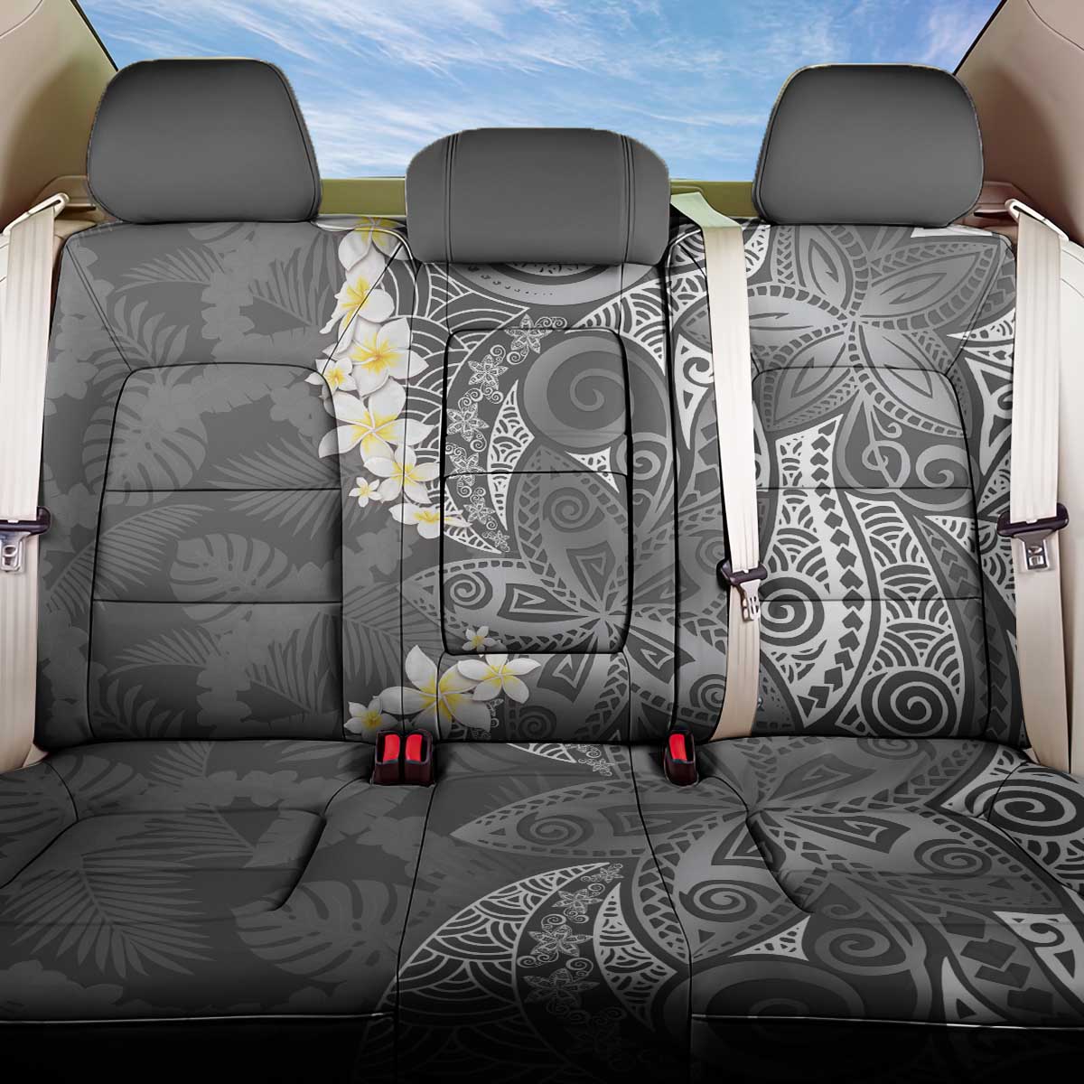 Gray Polynesian Tribal Frangipani Tropical Vibe Back Car Seat Cover