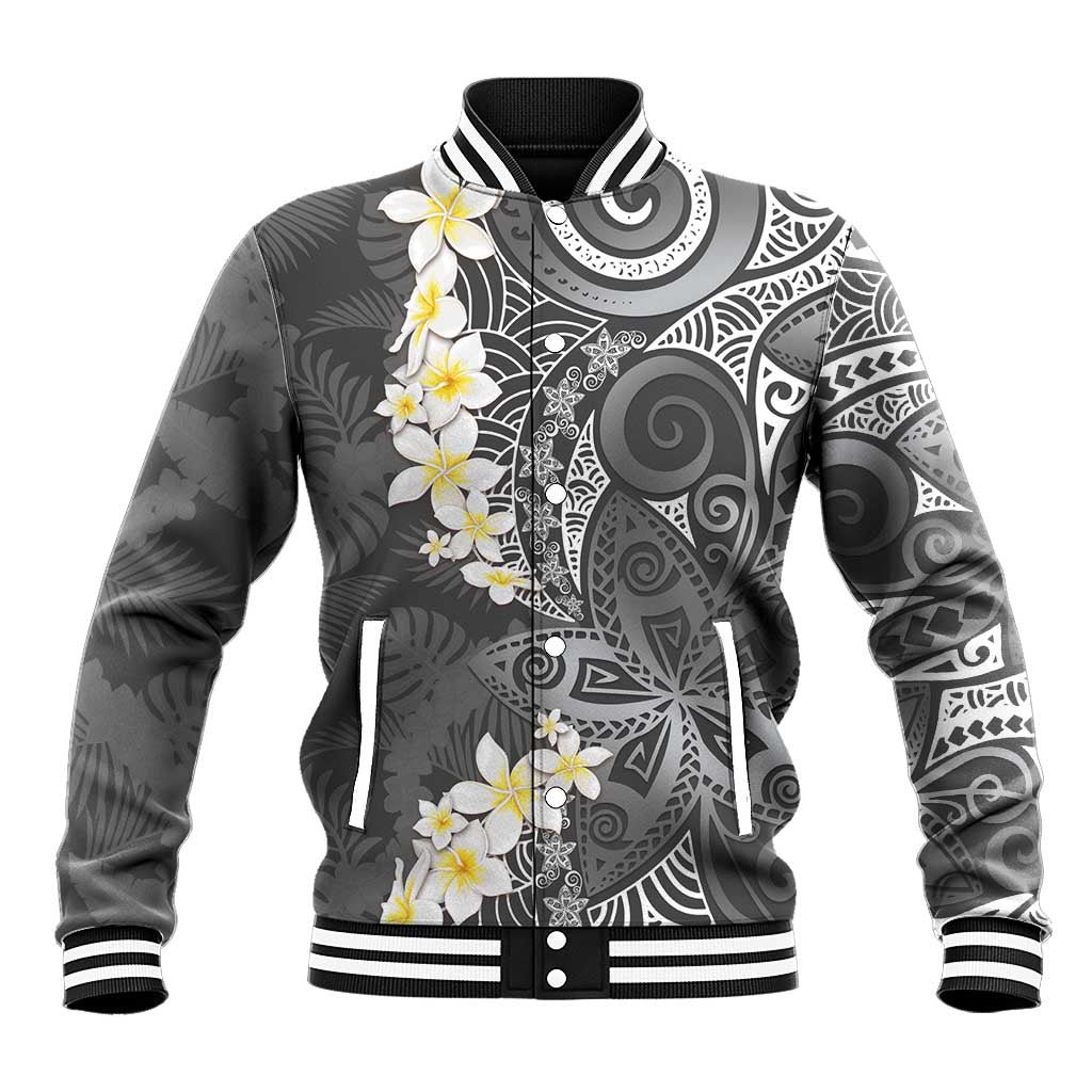 Gray Polynesian Tribal Frangipani Tropical Vibe Baseball Jacket
