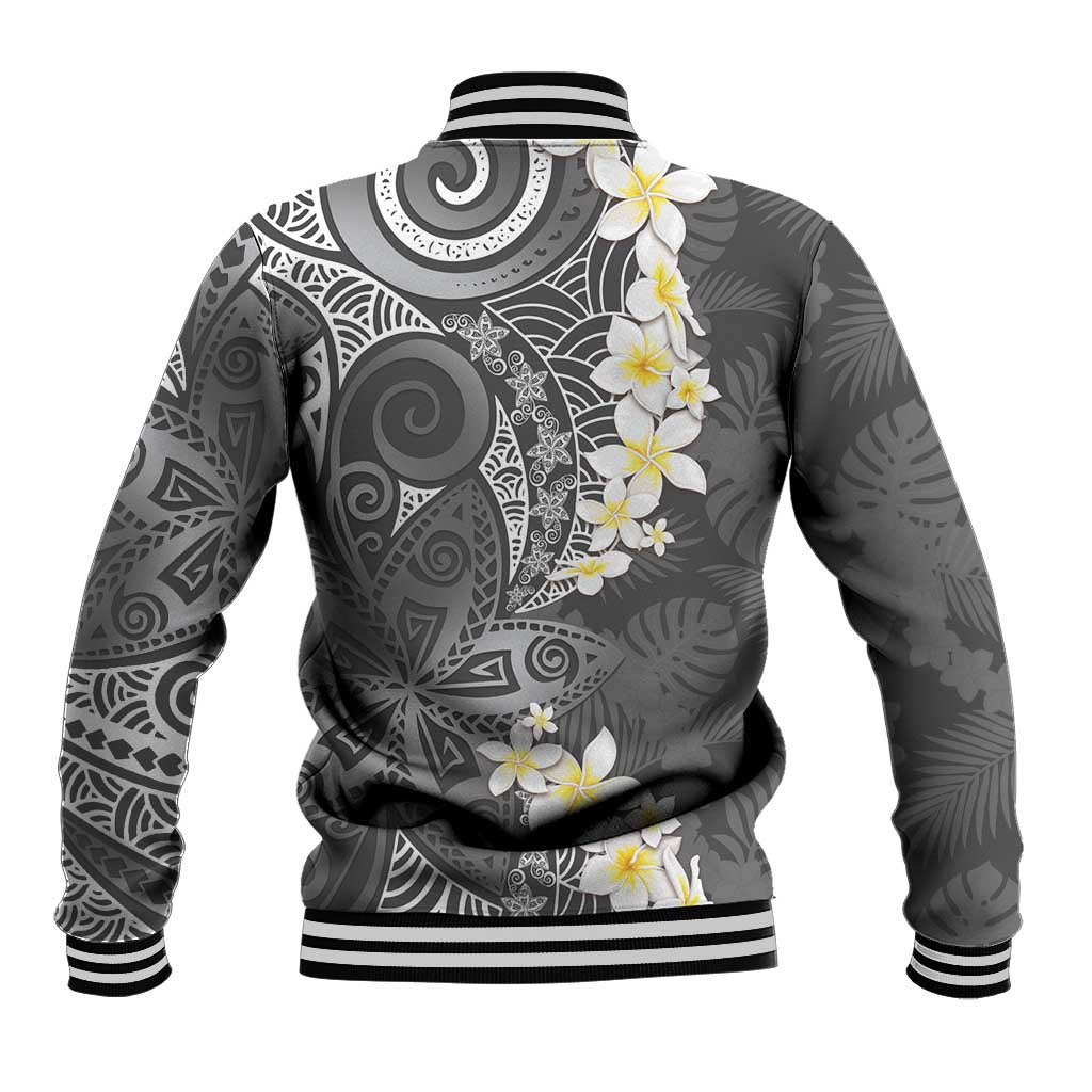 Gray Polynesian Tribal Frangipani Tropical Vibe Baseball Jacket