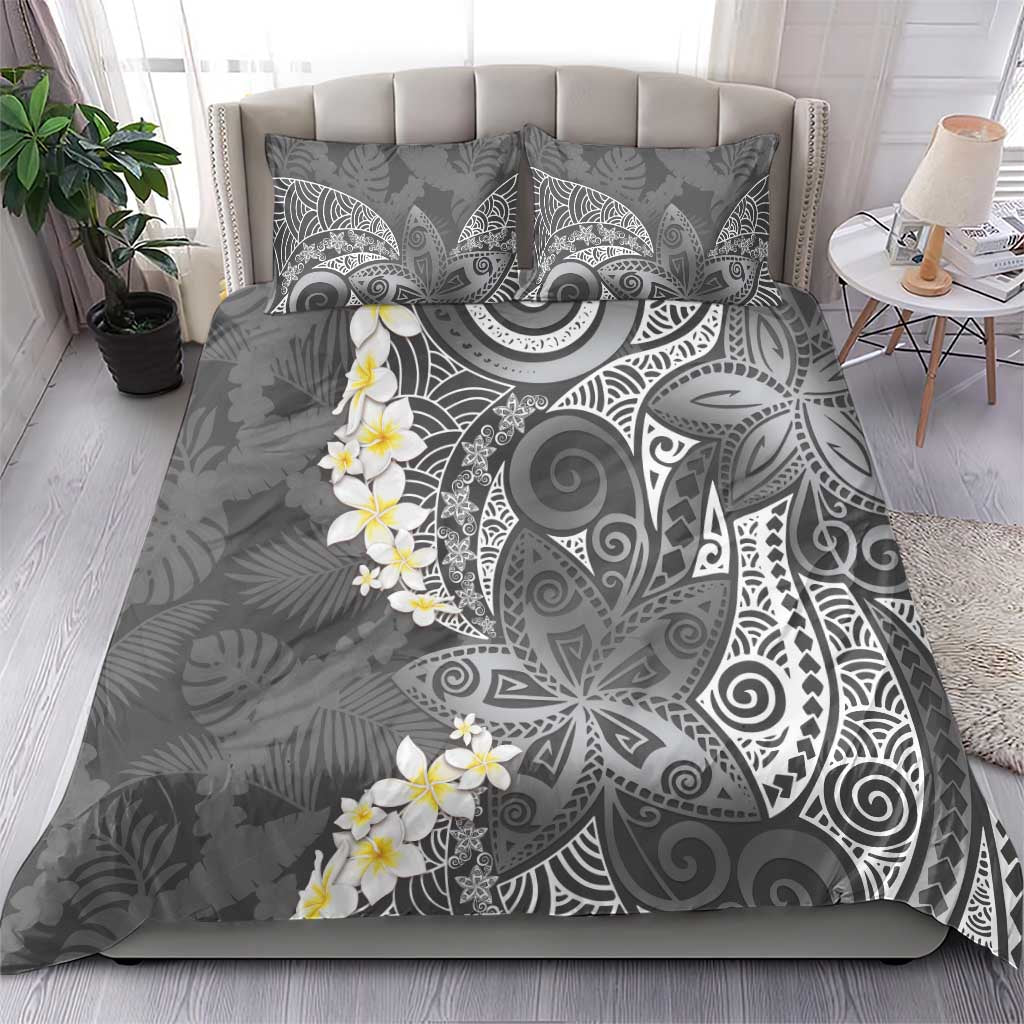 Gray Polynesian Tribal Frangipani Tropical Vibe Bedding Set