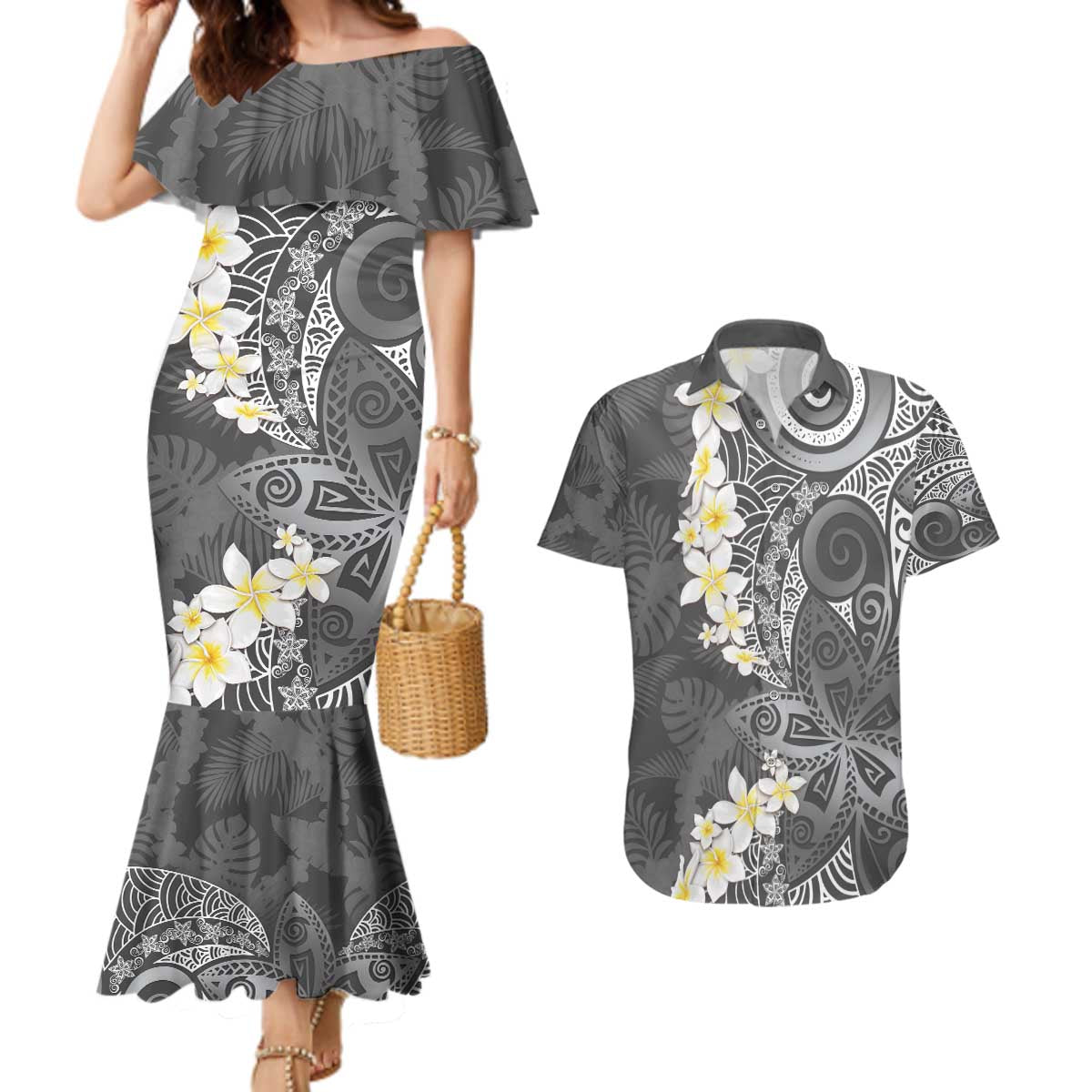 Gray Polynesian Tribal Frangipani Tropical Vibe Couples Matching Mermaid Dress and Hawaiian Shirt