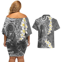 Gray Polynesian Tribal Frangipani Tropical Vibe Couples Matching Off Shoulder Short Dress and Hawaiian Shirt LT14 - Polynesian Pride