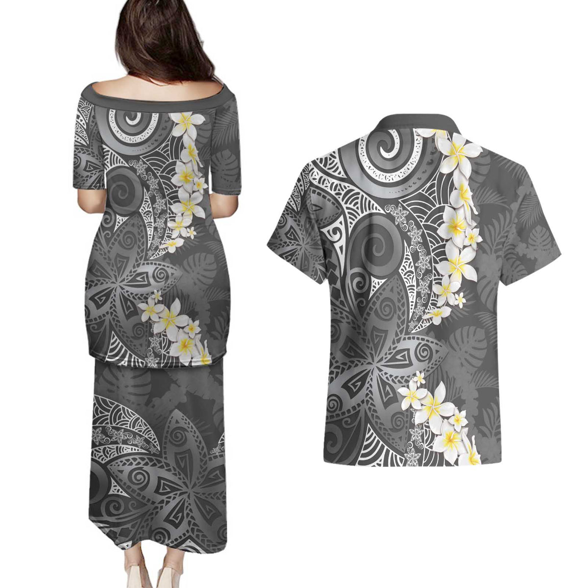 Gray Polynesian Tribal Frangipani Tropical Vibe Couples Matching Puletasi and Hawaiian Shirt LT14 - Polynesian Pride