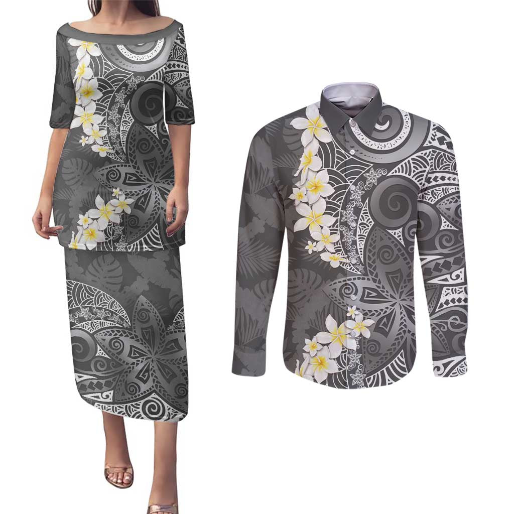 Gray Polynesian Tribal Frangipani Tropical Vibe Couples Matching Puletasi and Long Sleeve Button Shirt LT14 Gray - Polynesian Pride