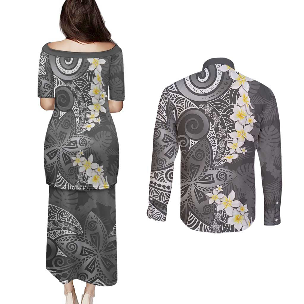 Gray Polynesian Tribal Frangipani Tropical Vibe Couples Matching Puletasi and Long Sleeve Button Shirt LT14 - Polynesian Pride