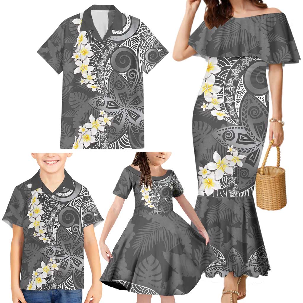 Gray Polynesian Tribal Frangipani Tropical Vibe Family Matching Mermaid Dress and Hawaiian Shirt