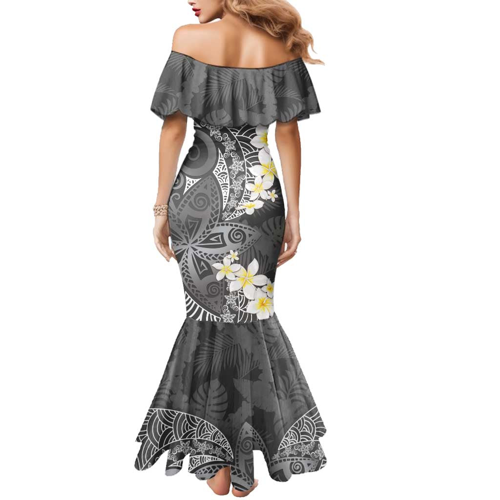 Gray Polynesian Tribal Frangipani Tropical Vibe Family Matching Mermaid Dress and Hawaiian Shirt