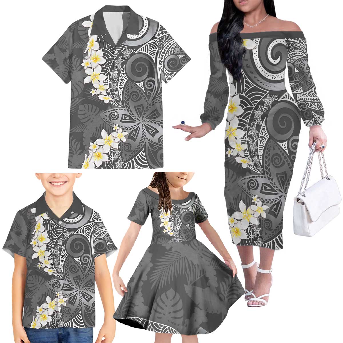 Gray Polynesian Tribal Frangipani Tropical Vibe Family Matching Off The Shoulder Long Sleeve Dress and Hawaiian Shirt