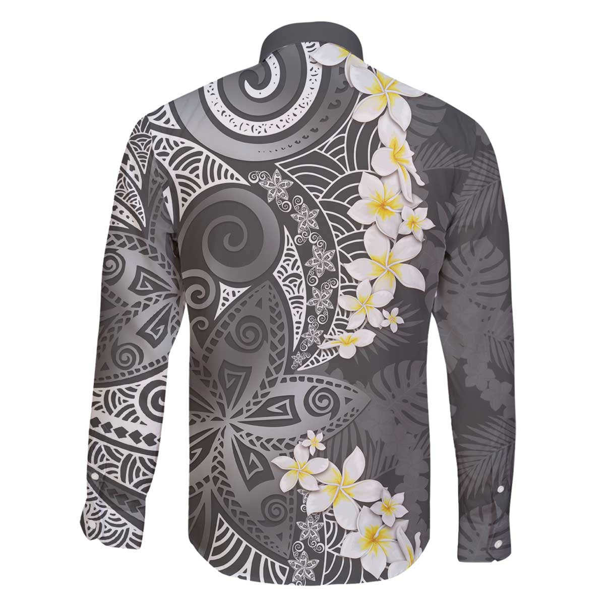 Gray Polynesian Tribal Frangipani Tropical Vibe Family Matching Off The Shoulder Long Sleeve Dress and Hawaiian Shirt