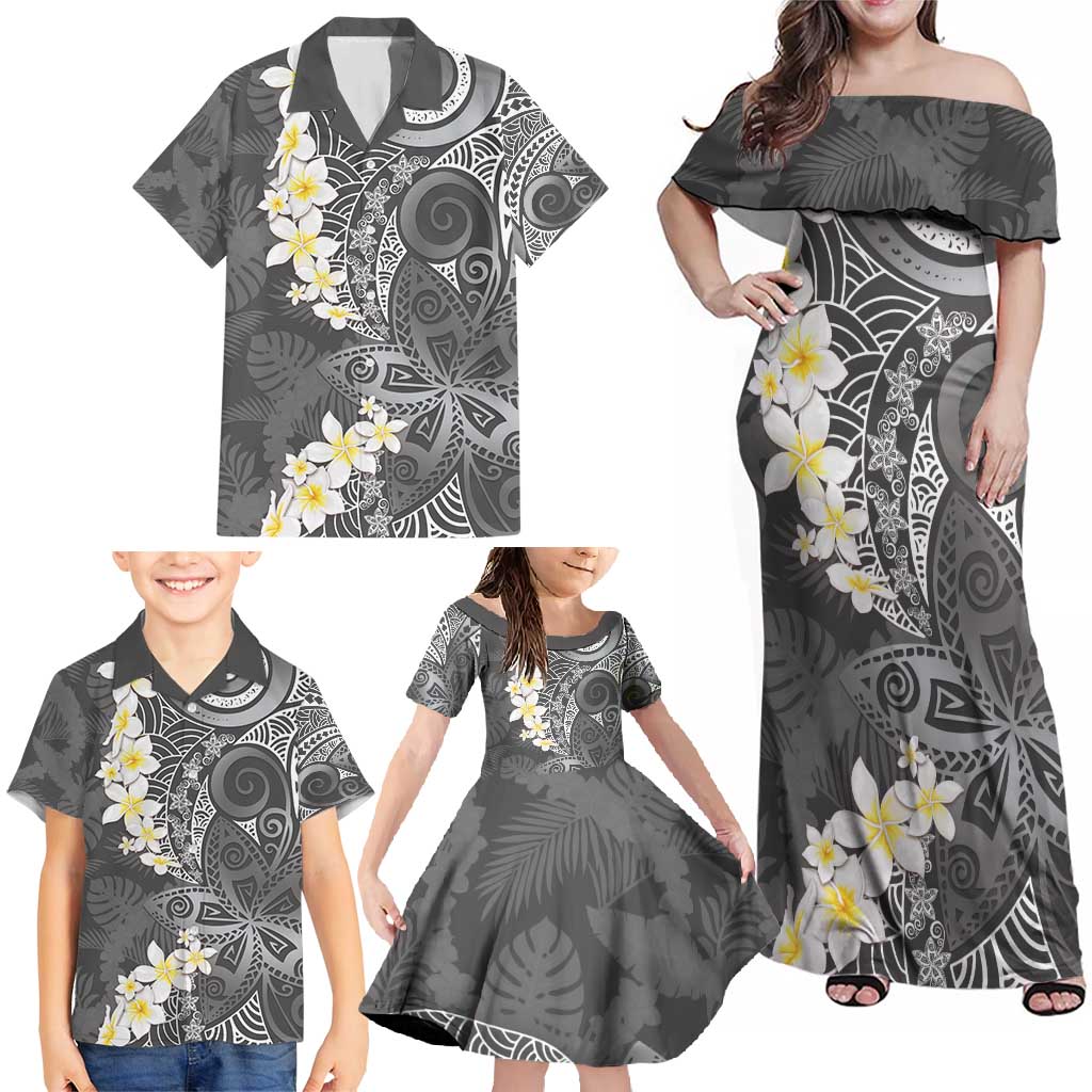 Gray Polynesian Tribal Frangipani Tropical Vibe Family Matching Off Shoulder Maxi Dress and Hawaiian Shirt