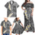 Gray Polynesian Tribal Frangipani Tropical Vibe Family Matching Off Shoulder Maxi Dress and Hawaiian Shirt